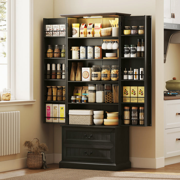 HOMCOM 72\" Kitchen Pantry Cabinet with LED Light and Door Shelves, Black