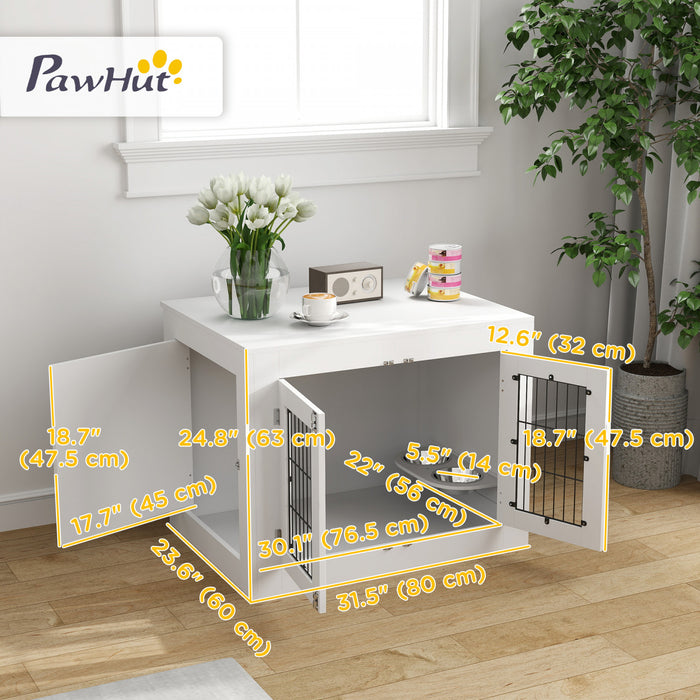 Pawhut 31.5in Dog Crate Furniture With 360° Rotatable Removable Dog Bowls, Dog Kennel Side End Table With Two Doors, For Medium Dogs, 31.5\" X 24\" X 25\", White