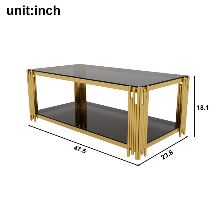 Aria 47.5 Inch Modern Rectangular Coffee Table with Asymmetrical Gold Frame and Mirror Top, Black