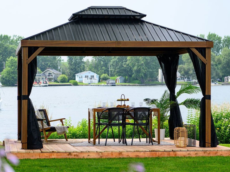 Yosemite 12 X 16' Double Roof Galvanized Steel Roof, Aluminum Posts Wood Finish