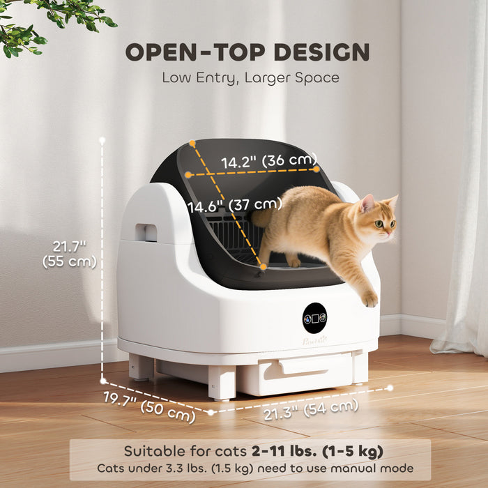 PawHut Self Cleaning Litter Box, Open-Top Automatic Cat Litter Box with Integrated Safety Protection, Odor-Free Waste Disposal, Trash Bag, Large Waste Bin, for Multiple Cats