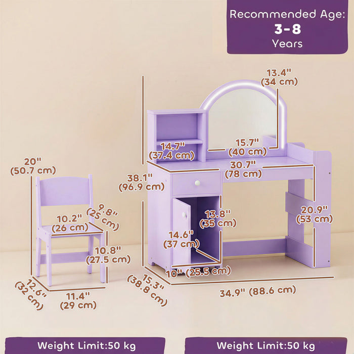 Qaba 2 in 1 Kids Vanity Set with Cabinet Drawer and Shelves, Toddler Dressing Table and Chair Set with Lighted Mirror, Pretend Makeup Playset for Girls 3-8 Years Old, Purple