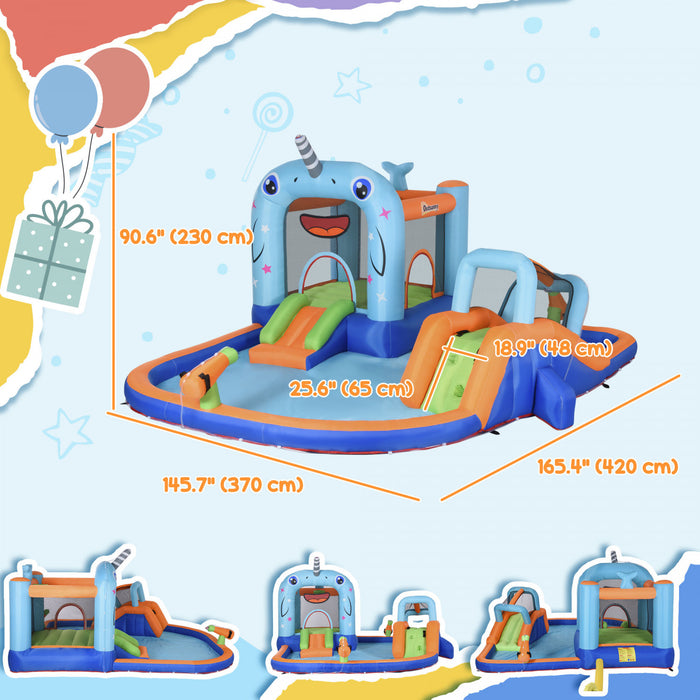 Outsunny 5-in-1 Inflatable Water Slide, Narwhals Style Kids Castle Bounce House Includes With Slide Trampoline Pool Water Gun Climbing Wall, Carry Bag, 450w Air Blower