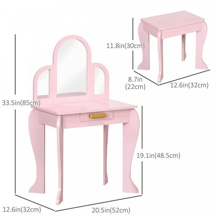 Qaba Kids Dressing Table And Chair Set, Girls Dressing Set, Makeup Desk With Drawer For 3-6 Years Old Kids, Pink