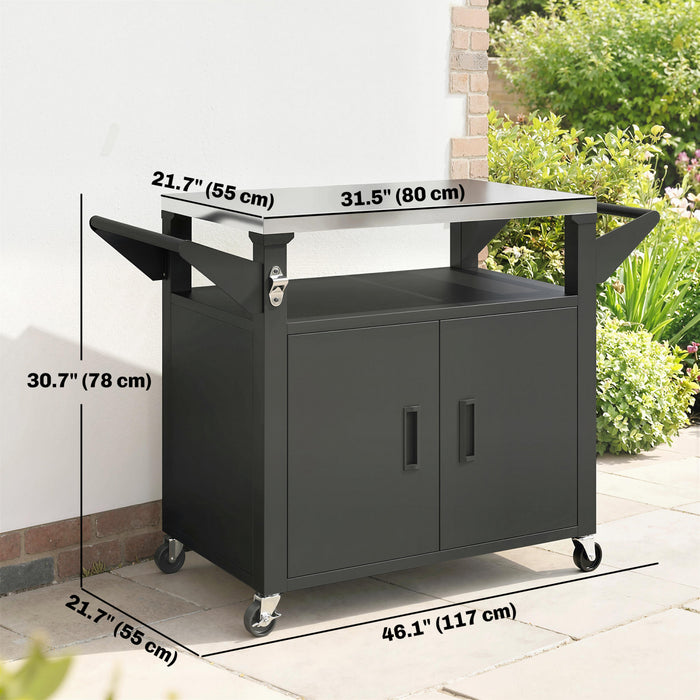 Outsunny Outdoor Grill Cart with Stainless Steel Tabletop for Kitchen Prep, 3-Shelf Pizza Oven Stand with Storage Cabinet, Movable BBQ Stand on Wheels, Black