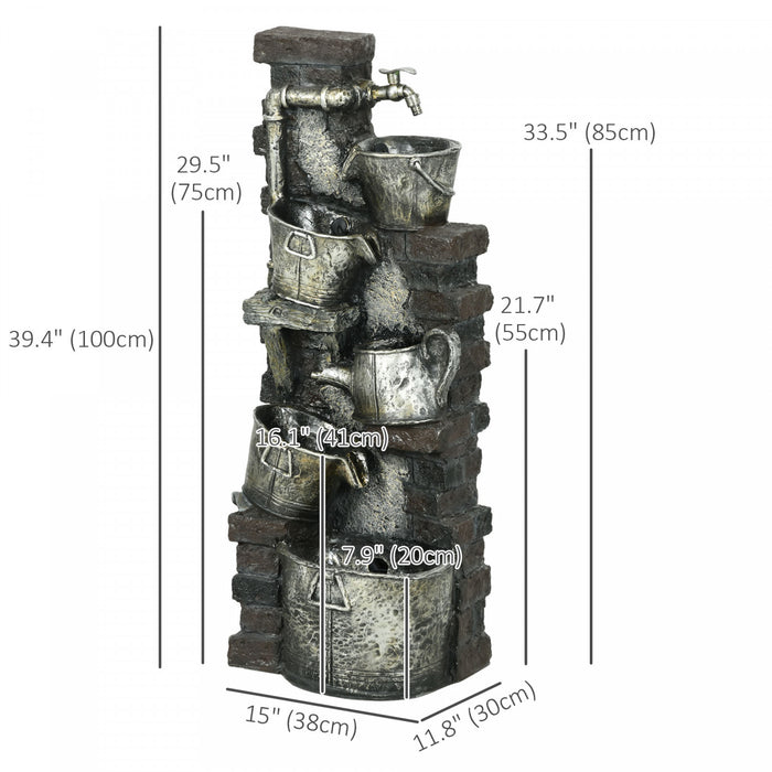 Outsunny Faucet & Barrel Outdoor Fountain, Led Lights, Resin Water Fountain