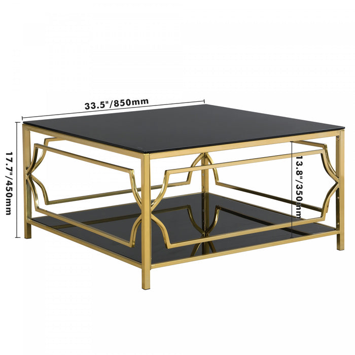 Gleam 33.5 Inch Square Tempered Glass Coffee Table with Geometric Gold Frame and Lower Shelf, Black
