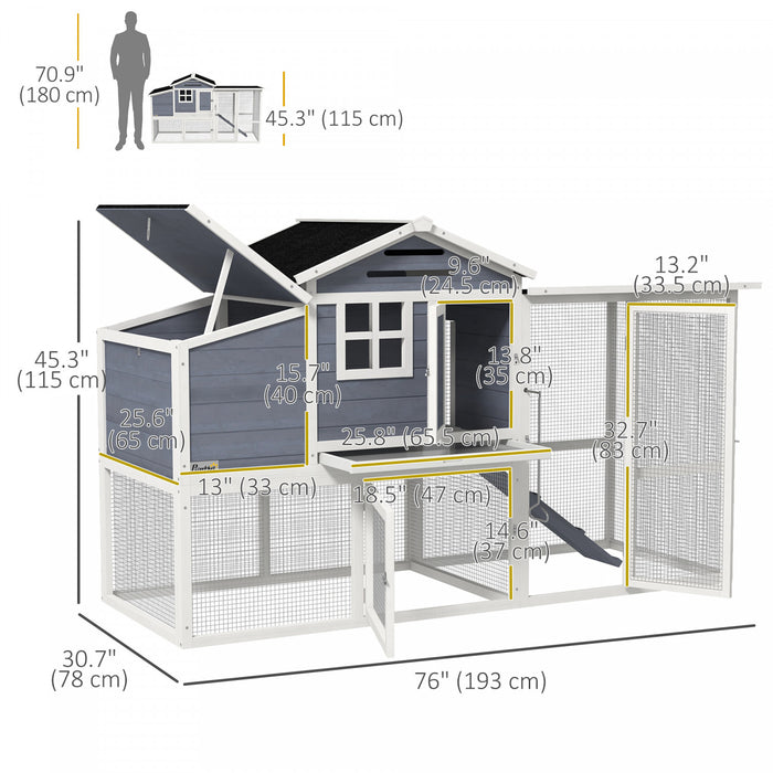 Pawhut 76\" Wooden Chicken Coop, Outdoor Hen House Poultry Duck Goose Cage With Outdoor Run, Nesting Box, Removable Tray And Lockable Doors, Grey