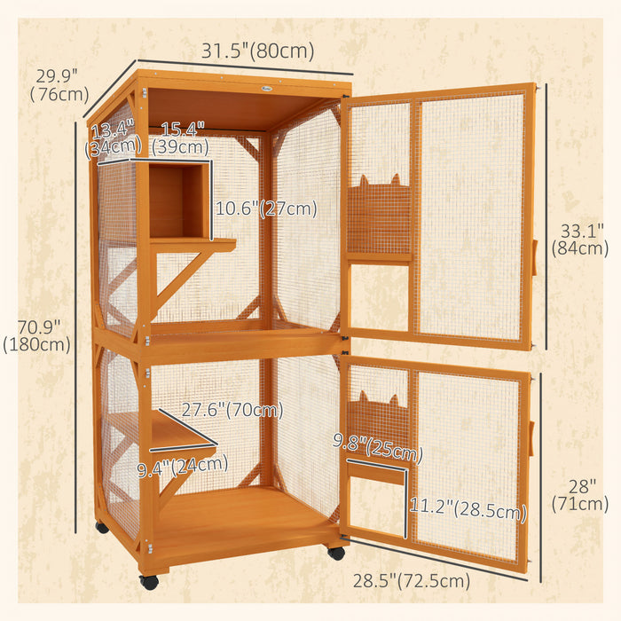 Pawhut 71\" H Large Catio Outdoor Cat Enclosure, Wooden Kitten House For Patio, Elevated Design With Wheels, Resting Box, Water-resistant, Multi Platforms, For 1-3 Cats, Orange