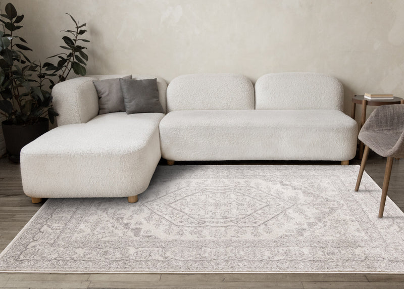 Fallon White Grey Elegant Faded Traditional Rug, 6'7\" x 9'6\" Indoor Area Rug