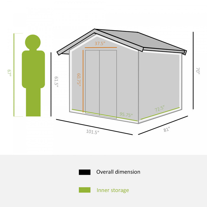 Outsunny 8.5' X 6.8' X 5.8' Practical Garden Storage Shed Outdoor Backyard Tool House W/ Double Sliding Door And 4 Ventilation Slots, Green