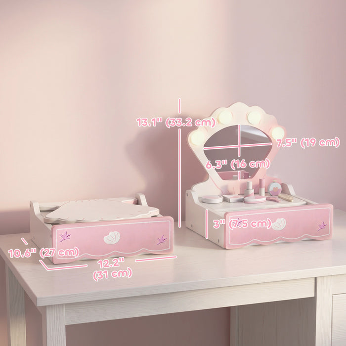 Qaba Kids Vanity Set, Portable Makeup Table Toy with Lights, Mirror, Drawer and 8-Piece Accessories, Pretend Makeup Set with Carry Handle, Gift for Girls 3-6 Years, Pink