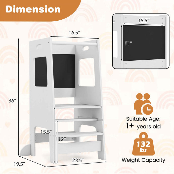 Costway Toddler Kitchen Step Stool With Activity Chalkboard Adjustable Height & Safety Rail White