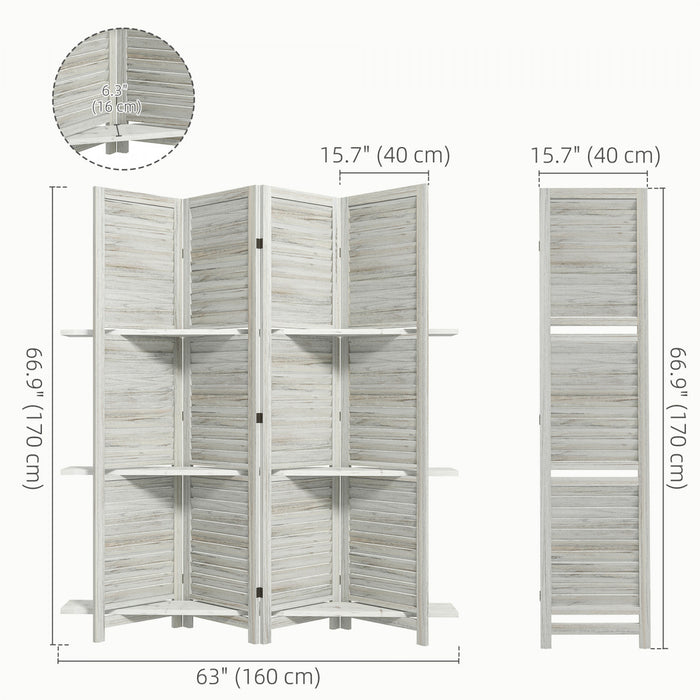 Homcom 4-panel Privacy Screen With Storage Shelf Foldable Distressed White