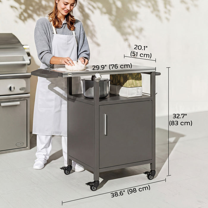 Outsunny Outdoor Grill Cart with Stainless Steel Tabletop for Kitchen Prep, Pizza Oven Stand with Cabinet, Spice Rack, Towel Holder, Bottle Opener, BBQ Stand on Wheels, Brown