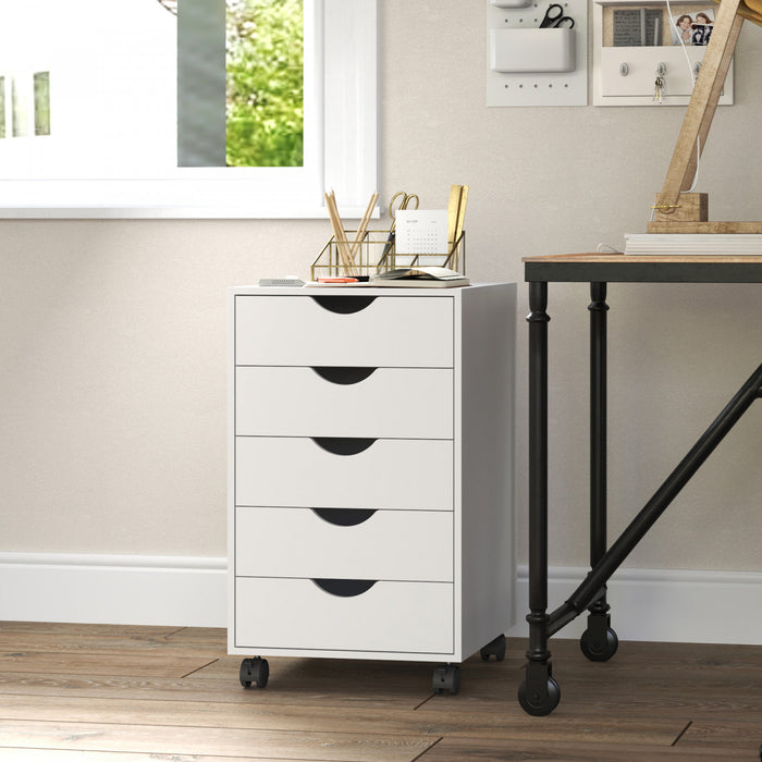 HOMCOM File Cabinet with 5 Drawer Wheels Storage Organizer White