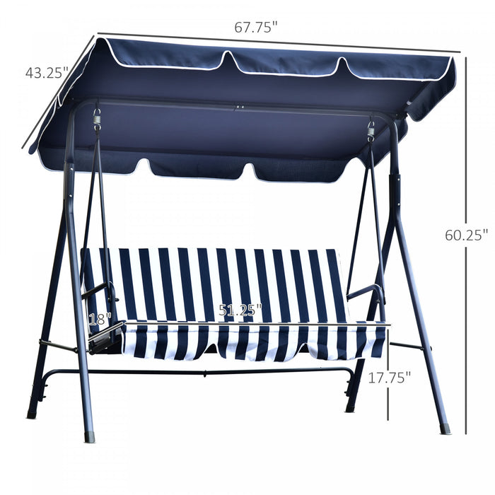 Outsunny 3-seat Patio Swing Chair, Outdoor Porch Swing Glider With Adjustable Canopy, Removable Cushion, And Weather Resistant Steel Frame, For Garden, Poolside, Blue & White