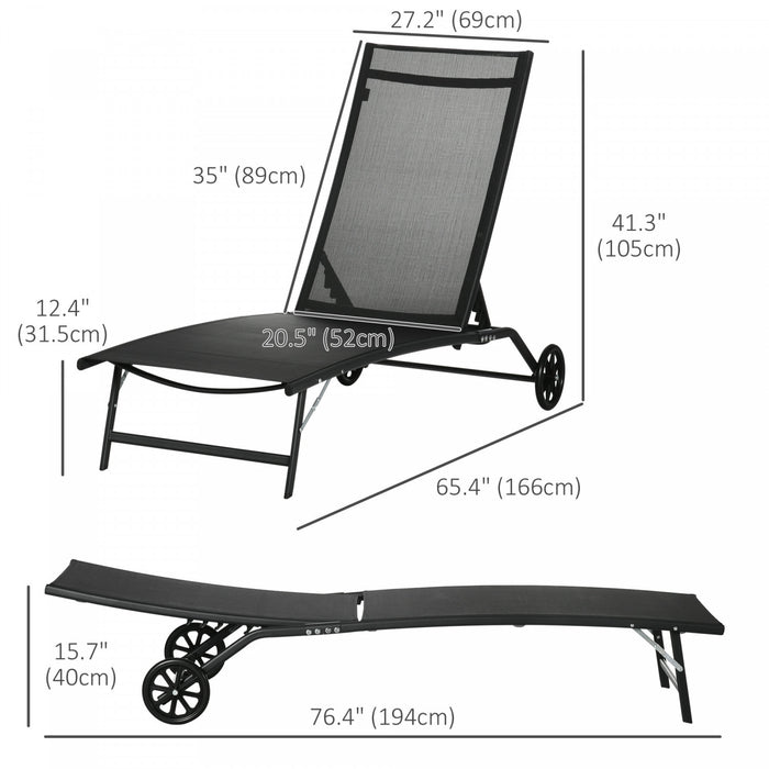 Outsunny 2pcs Lounge Chairs With Wheels, 5-level Adjustable Backrest, Black