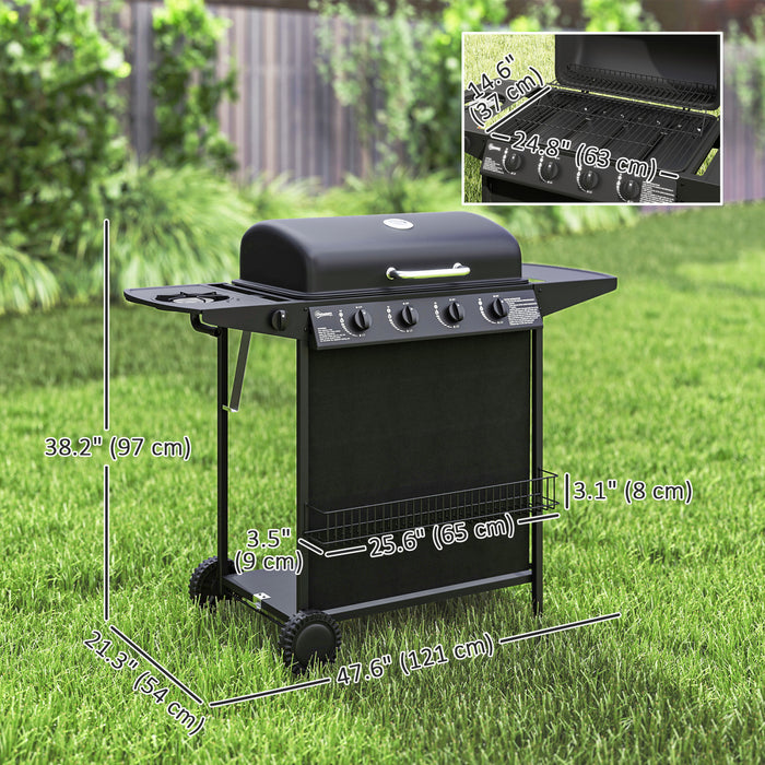 Outsunny 4+1 Burner Propane Gas BBQ Grill with Side Burner, Portable Gas Barbecue Grill featuring Thermometer, Lid, Side Table, Shelf, Spice Rack, Wheels, Grease Cup for Garden, Black