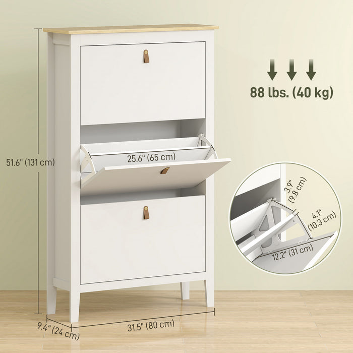 HOMCOM Shoe Cabinet with 3 Flip Drawers, Narrow Shoe Storage Cabinet, White