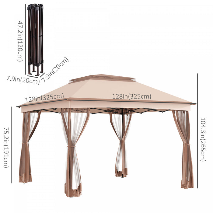 Outsunny 11' X 11' Pop Up Canopy, Outdoor Canopy Shelter Event Tent With 2-tier Soft Top, Removable Zipper Netting, And Storage Bag, For Patio, Backyard, Garden, Khaki
