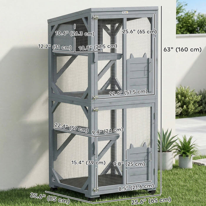 PawHut Catio Outdoor Cat Enclosure, Wooden Cat House on Exercise Wheels Indoor Outdoor, Kitty Cage with Resting Box, Waterproof Roof, for 2 Cats, 25.6\" x 25.6\" x 63\", Dark Grey