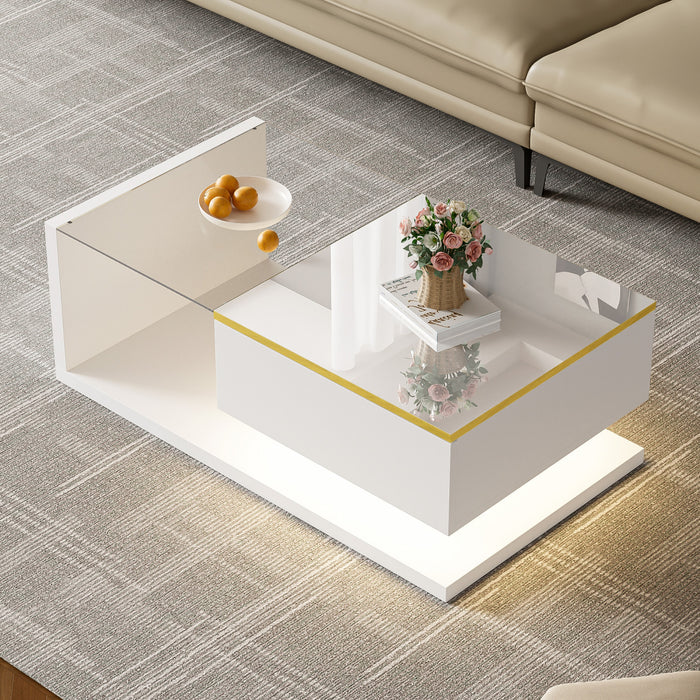 Maxwell High-Gloss 39.4\" Long Coffee Table with Glass and LED Effect,White