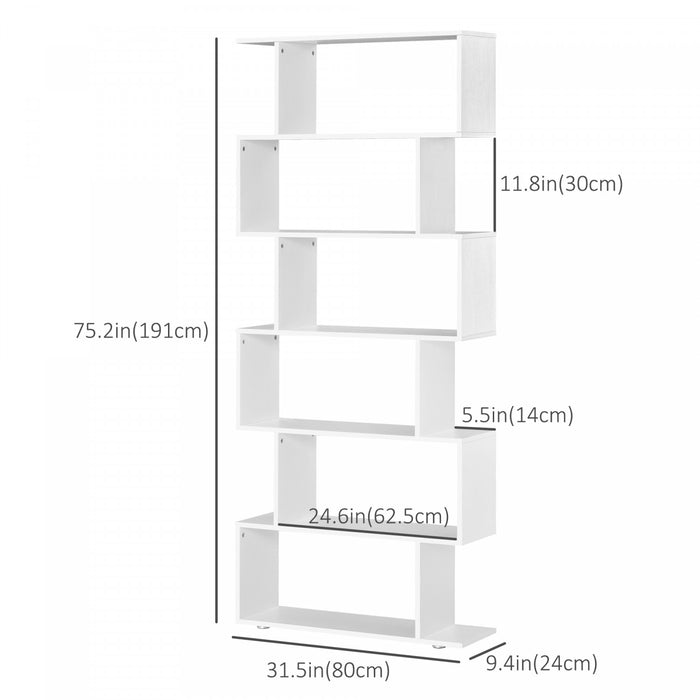 HOMCOM 6 Tier Wooden Bookcase S Shape Display Unit Divider Home Office White
