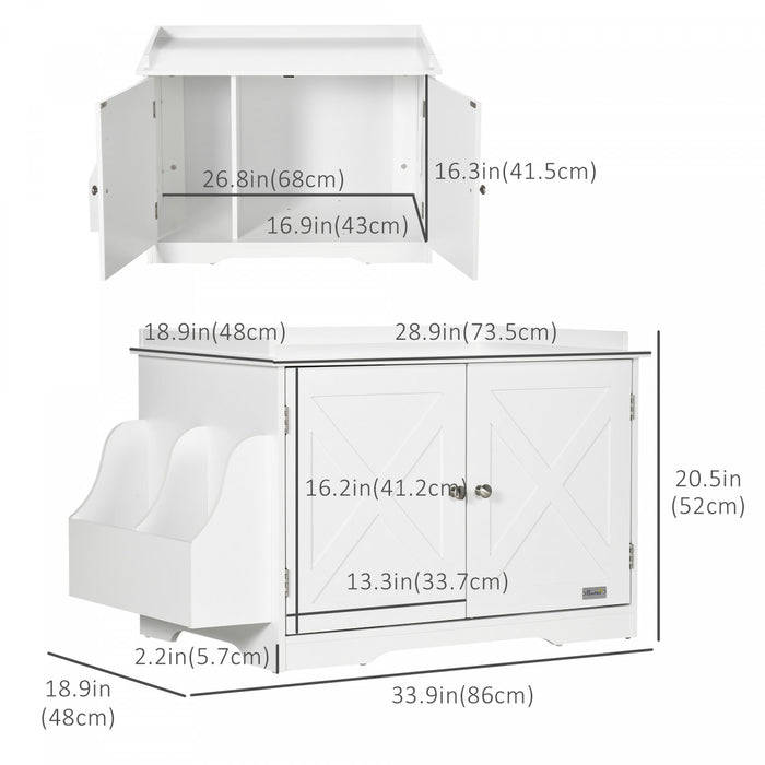 Pawhut Hidden Litter Box Enclosure Cat Furniture With Storage, Adjustable Divider, Indoor Pet House Side Table, White