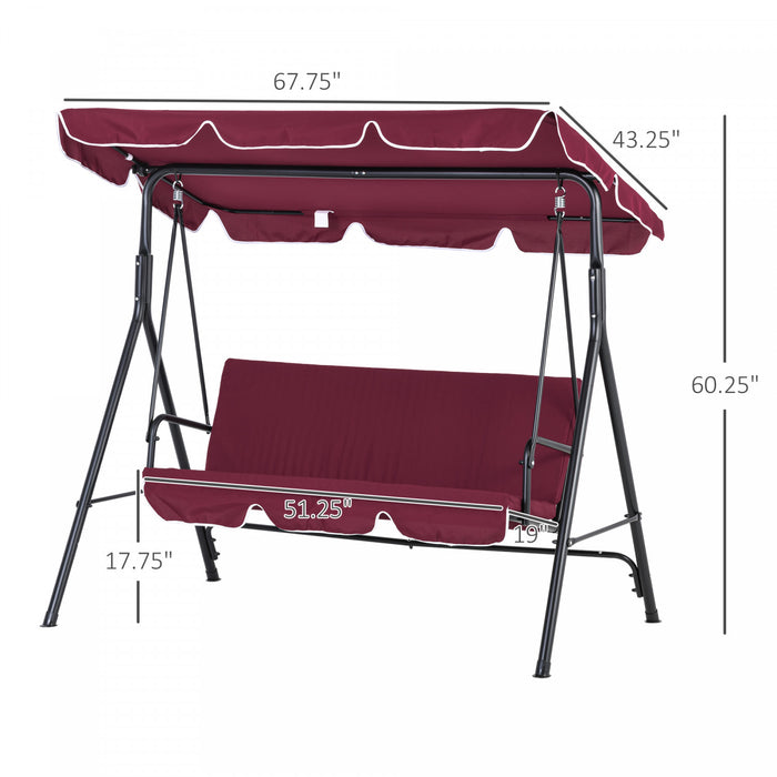 Outsunny 3-seat Patio Swing Chair, Outdoor Porch Swing Glider With Adjustable Canopy, Removable Cushion, And Weather Resistant Steel Frame, For Garden, Poolside, Backyard, Wine Red