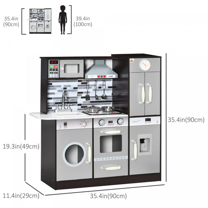 Qaba Wooden Play Kitchen With Lights Sounds, Kids Kitchen Playset With Washing Machine, Water Dispenser, Microwave, Range Hood, Refrigerator, Utensils, Gift For 3-6 Years Old