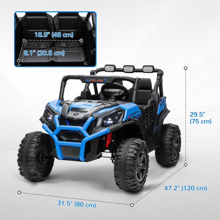Qaba 2 Seater Electric Car For Kids, 24v 7ah Big Battery Powered Ride-On Car With Remote Control, 3 Speed, Slow Start, Led Lights, Music, Horn, Spring Suspension, For 3-8 Years, Blue