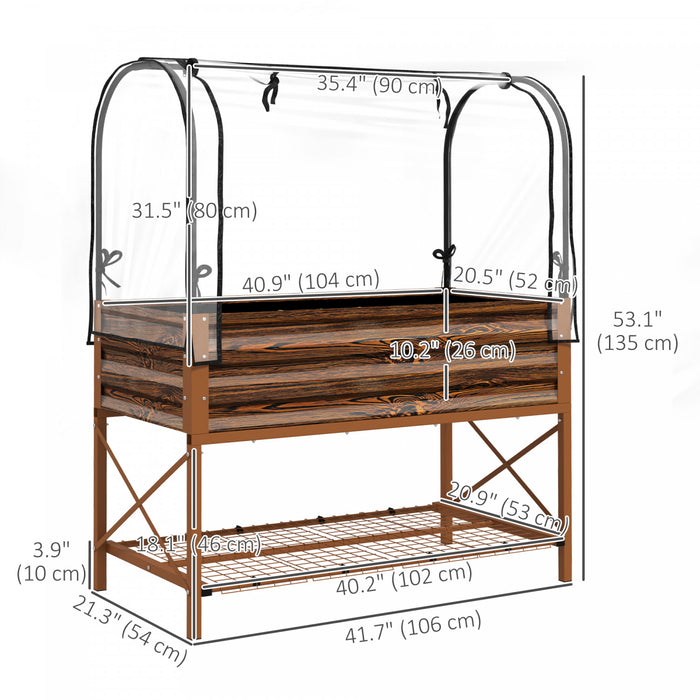 Outsunny Metal Raised Garden Bed with Cover, Dark Brown Wood Effect