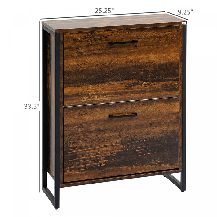 HOMCOM Rustic 2 Flip Door Shoe Cabinet with Divider and Open Shelf