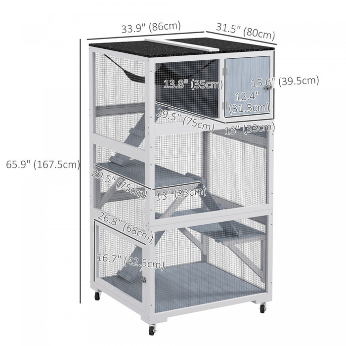 Pawhut Catio 34\" L Outdoor Cat House On Wheels With Weatherproof Roof Hammock Multiple Platforms Resting Condo Ramps Lockable Doors, For 1-3 Cats, Grey