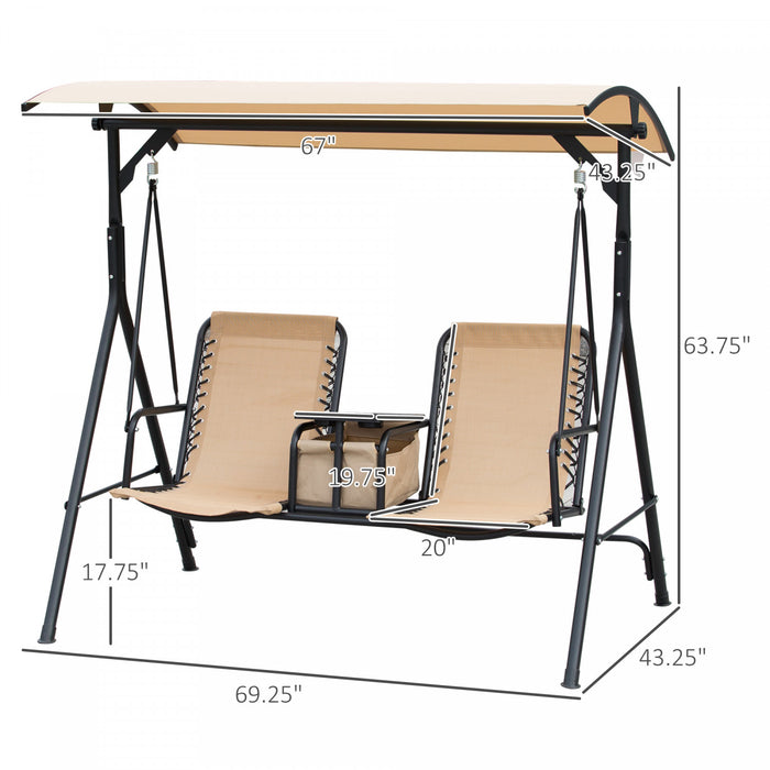 Outsunny 2 Person Covered Porch Swing Patio Swing With Pivot Storage Table, Cup Holder, & Adjustable Overhead Canopy, Beige