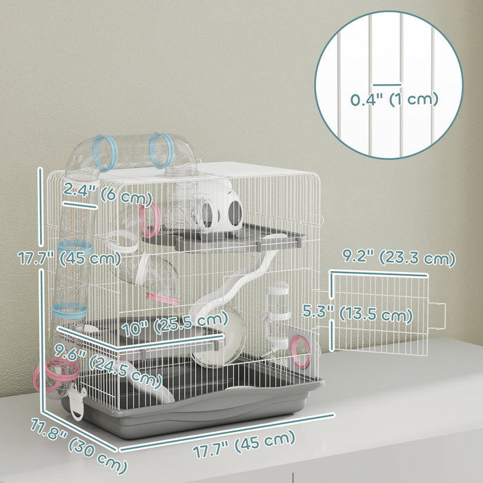 PawHut Hamster Cage, 3-Level Small Animal House with Exercise Wheel, Food Bowl, Water Bottle, House, Tunnels, Ramps, Gerbil Cage for Dwarf Hamster, 18\" x 12\" x 18\", Grey