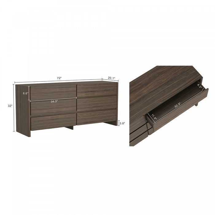 Linda Modern 72\" Dresser in Walnut Brown (6-Drawer)
