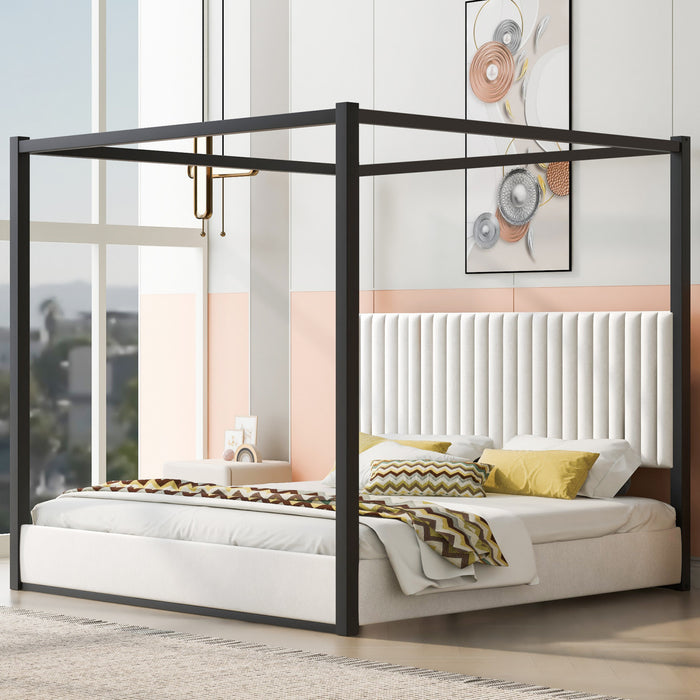 Sophia Upholstery Canopy Platform Bed with Foam Headboard and Velvet,King Size,Black King Bed