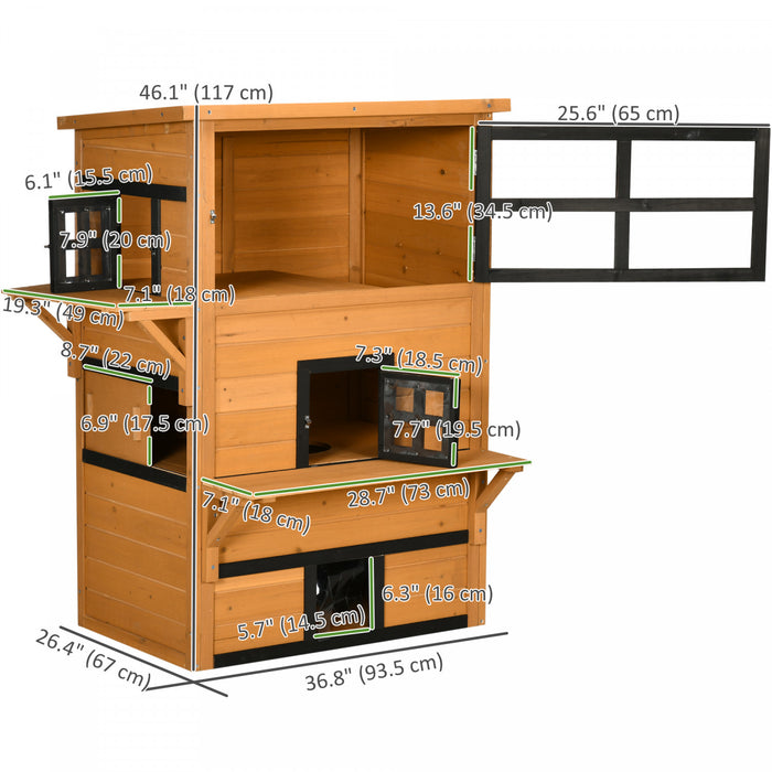 PawHut Outdoor Cat House, 3-Story Feral Cat Enclosure with Raised Floor, Weatherproof Roof, Escape Doors, Jumping Platforms, Kitty Shelter, Yellow