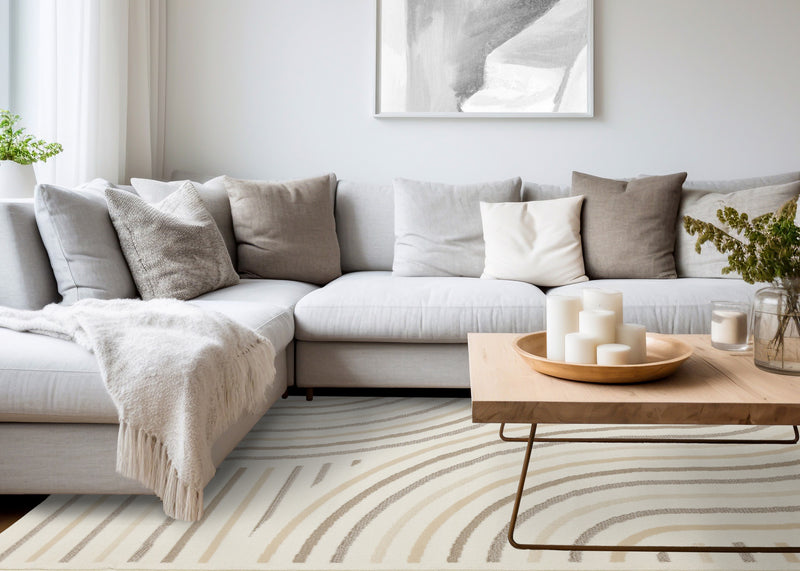 Florence Cream Beige Brown Curved Lines Design Rug, 4'7\" x 6'7\" Indoor Area Rug
