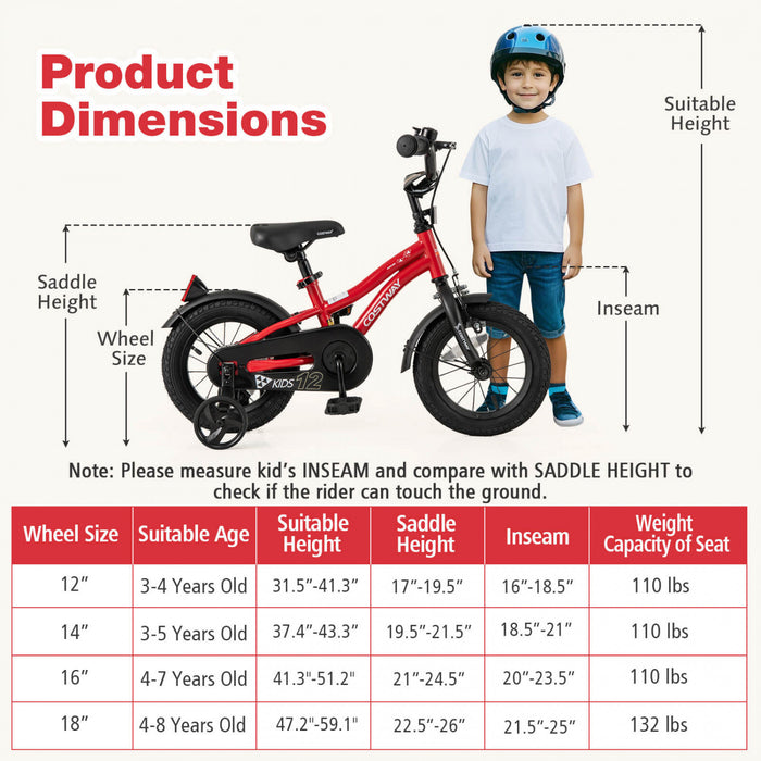 Costway 12\" Kids Bike For 3-4 Years Old Boys & Girls With Adjustable Seat Handbrake Reflectors Red