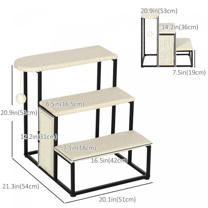Pawhut 20\" 3 Steps Cat Stairs, Carpeted Ladder Ramp, Pet Steps With Scratching Board And Hanging Ball For Small Cats, Steel Frame, Cream White
