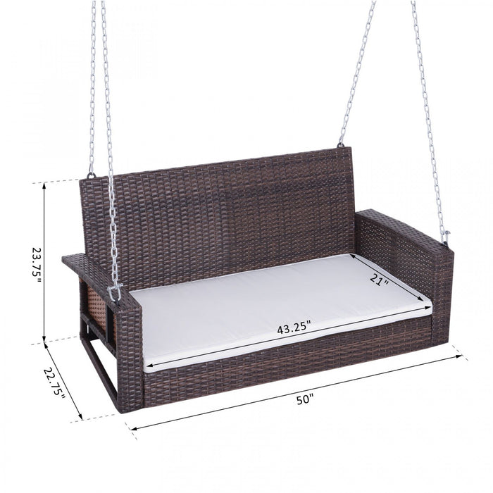 Outsunny 2-person Patio Porch Swing Chair, Outdoor Rattan Hanging Bench With Cushion & 7.2 Ft Steel Chains, Beige