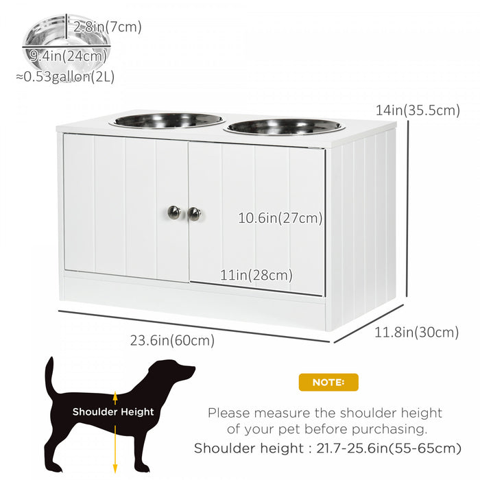 Pawhut Elevated Dog Bowls For Large Dogs Pet Feeding Station With Stand, Storage, 2 Stainless Steel Food And Water Bowls, White, 23.6\" X 11.8\" X 14\"