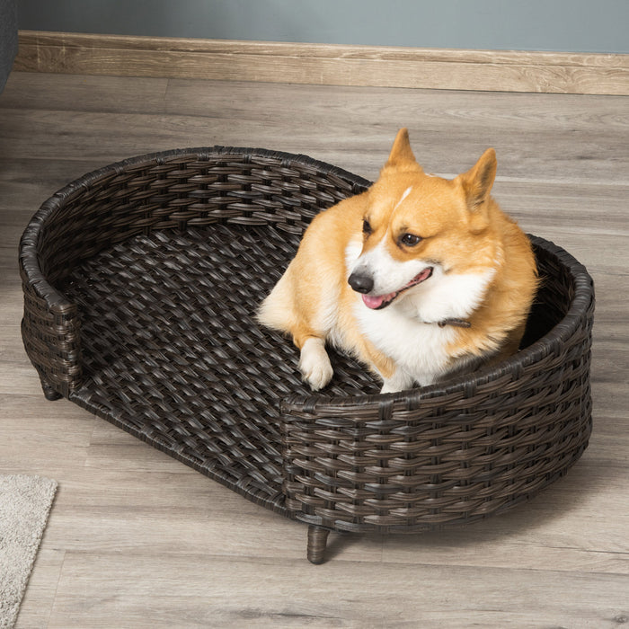 Pawhut Rattan Pet Sofa Indoor & Outdoor, Raised Wicker Dog Bed, Cat Couch, With Soft Cushion Washable Cover, For Small & Medium Dogs, Charcoal Grey