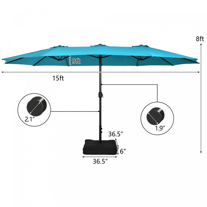 Costway 15FT Double-Sided Twin Patio Umbrella Outdoor Market W/ Crank & Base Turquoise