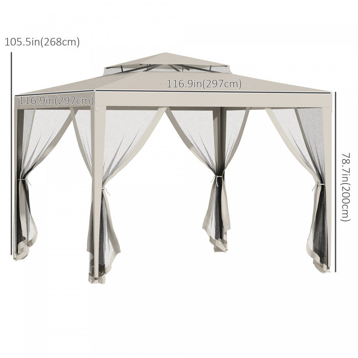 Outsunny 10' X 10' Canopy Tent, Party Tent With Mesh Netting And Double Tier Roof For Backyard, Garden, Patio, Outdoor, Beige