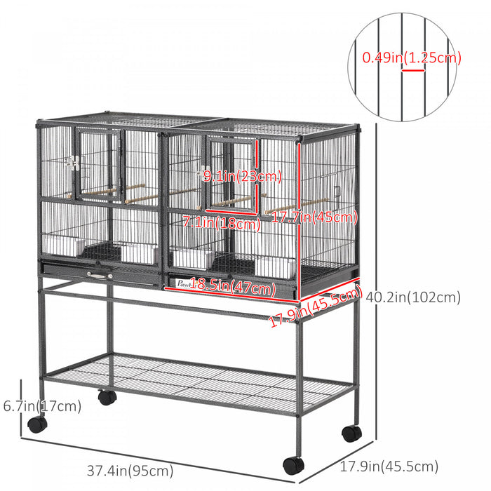 Pawhut 40 Inch Large Double Rolling Metal Bird Cage Bird House With Removable Metal Tray, Storage Shelf, Wood Perch, Food Container