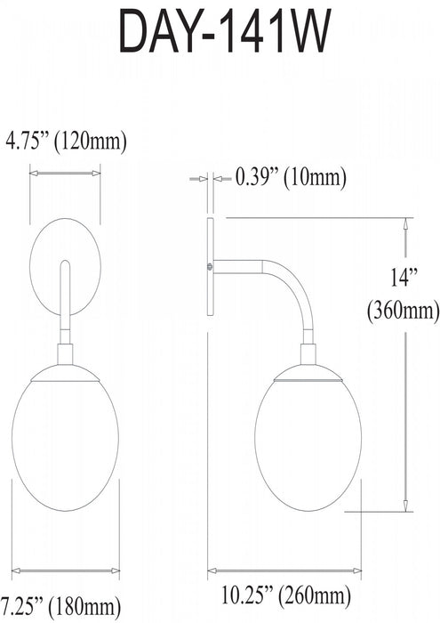 Dainolite Dayana 1 Light Wall Sconce Down Light Polished Chrome White Glass Lamp